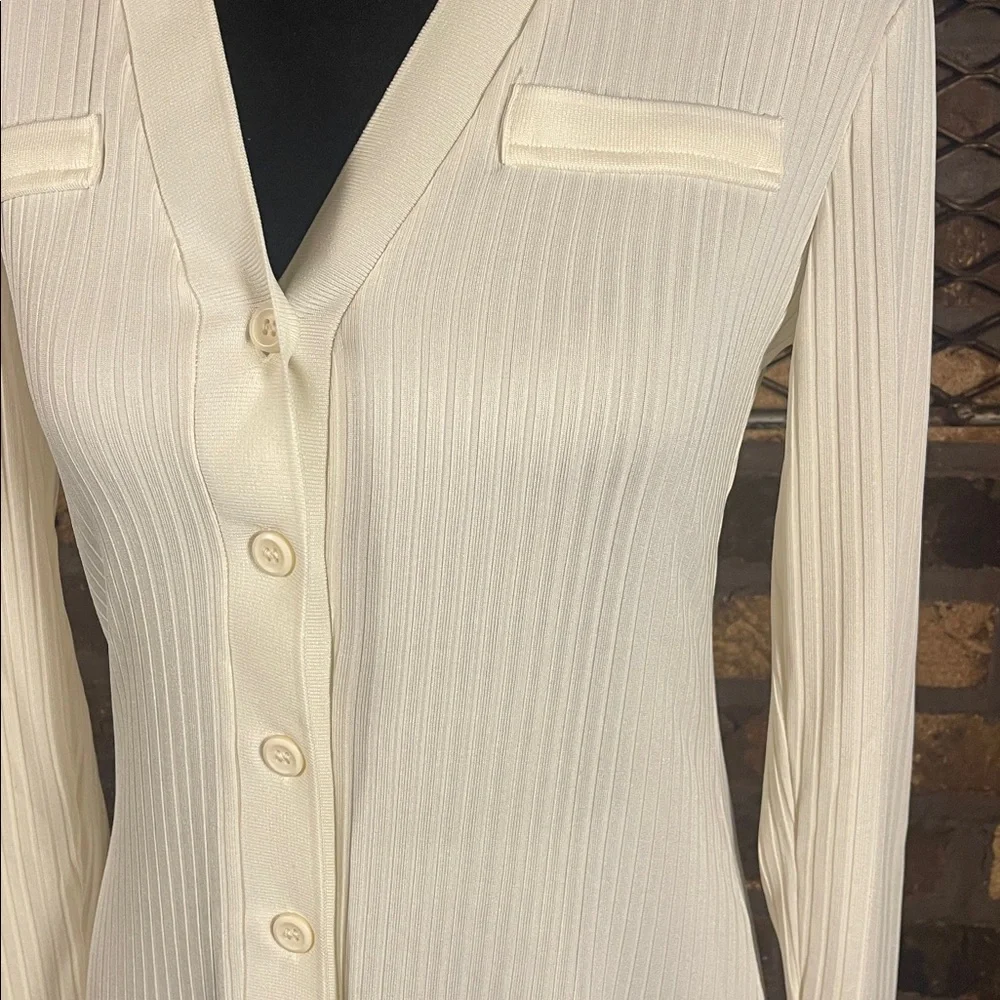H&M Cream White Long Sleeve Ribbed Button-Up Fitted Dress S - Picture 3 of 5